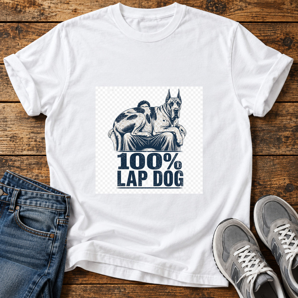 100% Lap Dog Great Dane graphic T-shirt in White, shown on a flat-lay shirt mockup