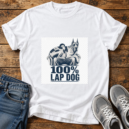 100% Lap Dog Great Dane graphic T-shirt in White, shown on a flat-lay shirt mockup