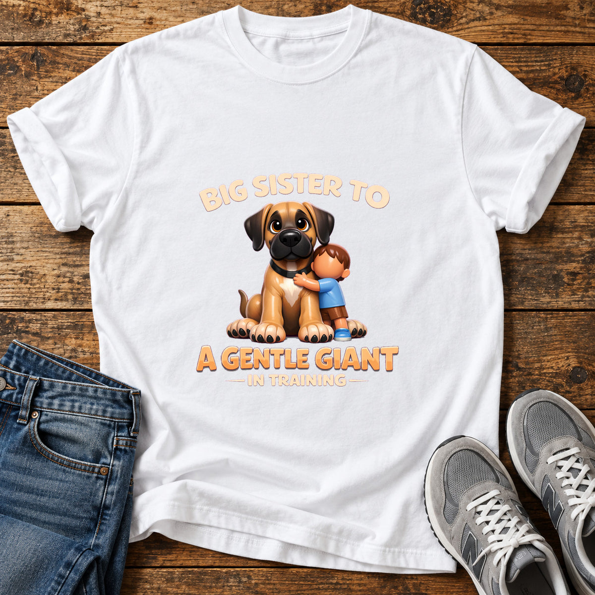 Gentle Giant Sister Great Dane graphic T-shirt in White, shown on a flat-lay shirt mockup