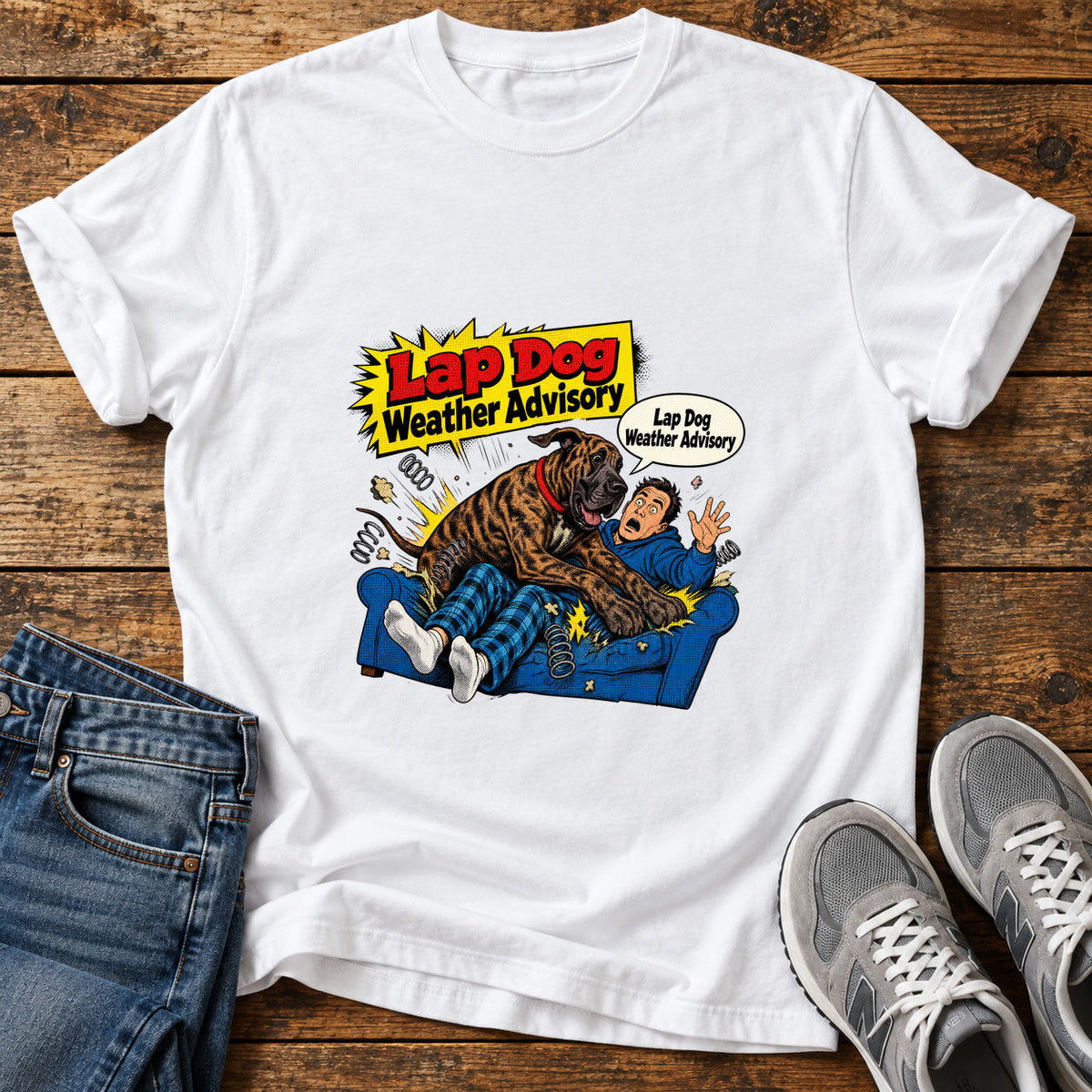 Lap Dog Advisory Great Dane graphic T-shirt in White, shown on a flat-lay shirt mockup