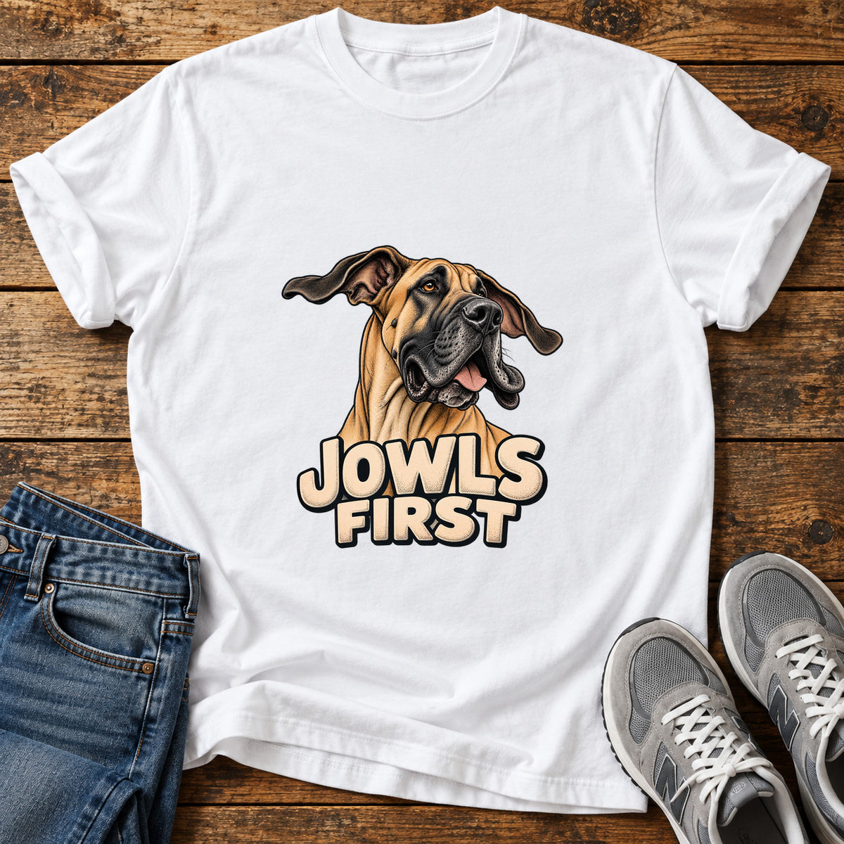 Jowls First Great Dane graphic T-shirt in White, shown on a flat-lay shirt mockup