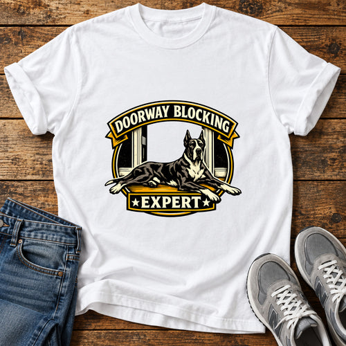 Doorway Expert Great Dane graphic T-shirt in White, shown on a flat-lay shirt mockup