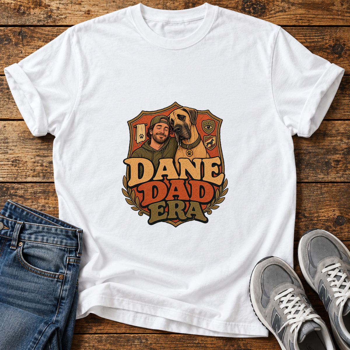 Dane Dad Era Great Dane graphic T-shirt in White, shown on a flat-lay shirt mockup