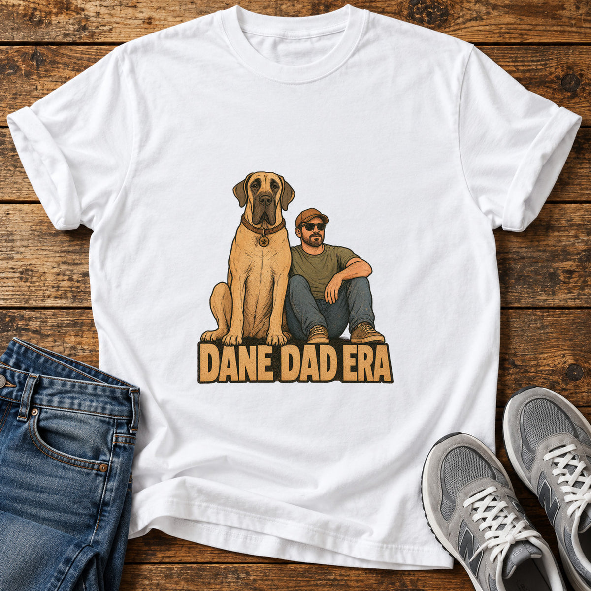 Dane Dad Era Great Dane graphic T-shirt in White, shown on a flat-lay shirt mockup
