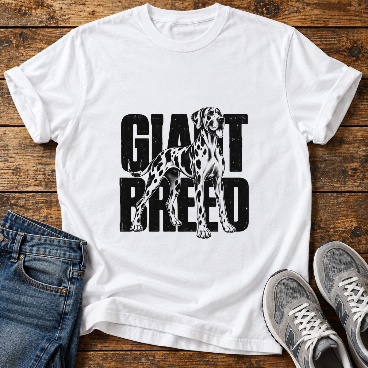 Giant Breed Great Dane graphic T-shirt in White, shown on a flat-lay shirt mockup