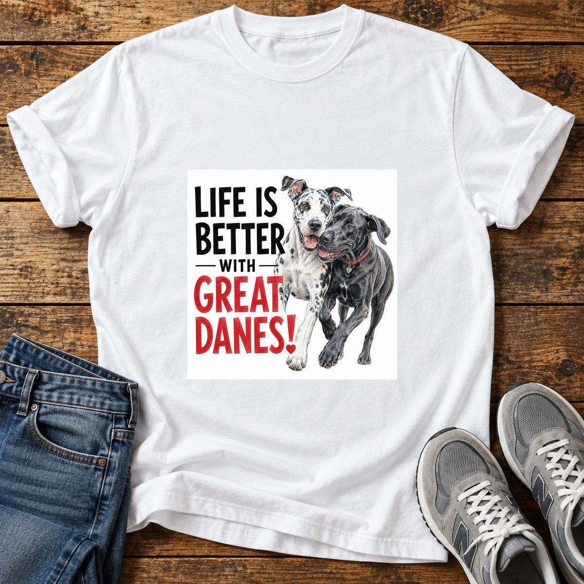 Great Danes Life graphic T-shirt in White, shown on a flat-lay shirt mockup