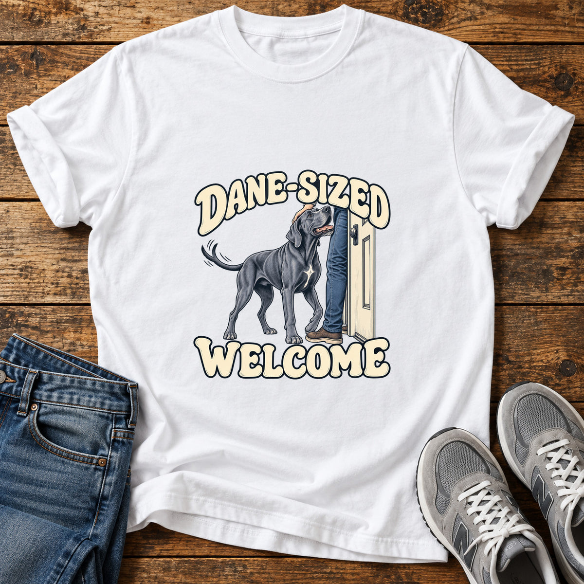 Dane-Sized Welcome Great Dane graphic T-shirt in White, shown on a flat-lay shirt mockup