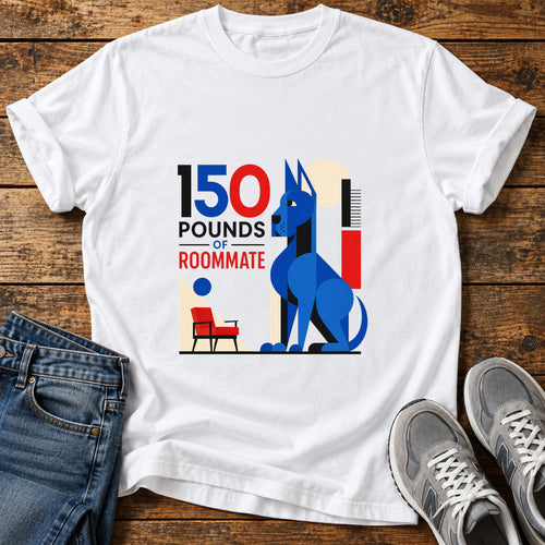 150 Pounds Roommate Great Dane graphic T-shirt in White, shown on a flat-lay shirt mockup