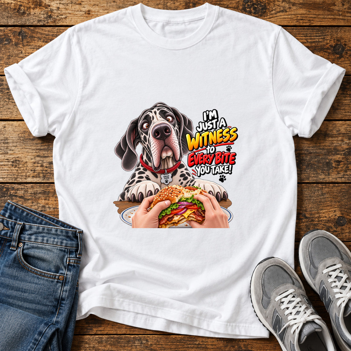 Witness Every Bite Great Dane graphic T-shirt in White, shown on a flat-lay shirt mockup
