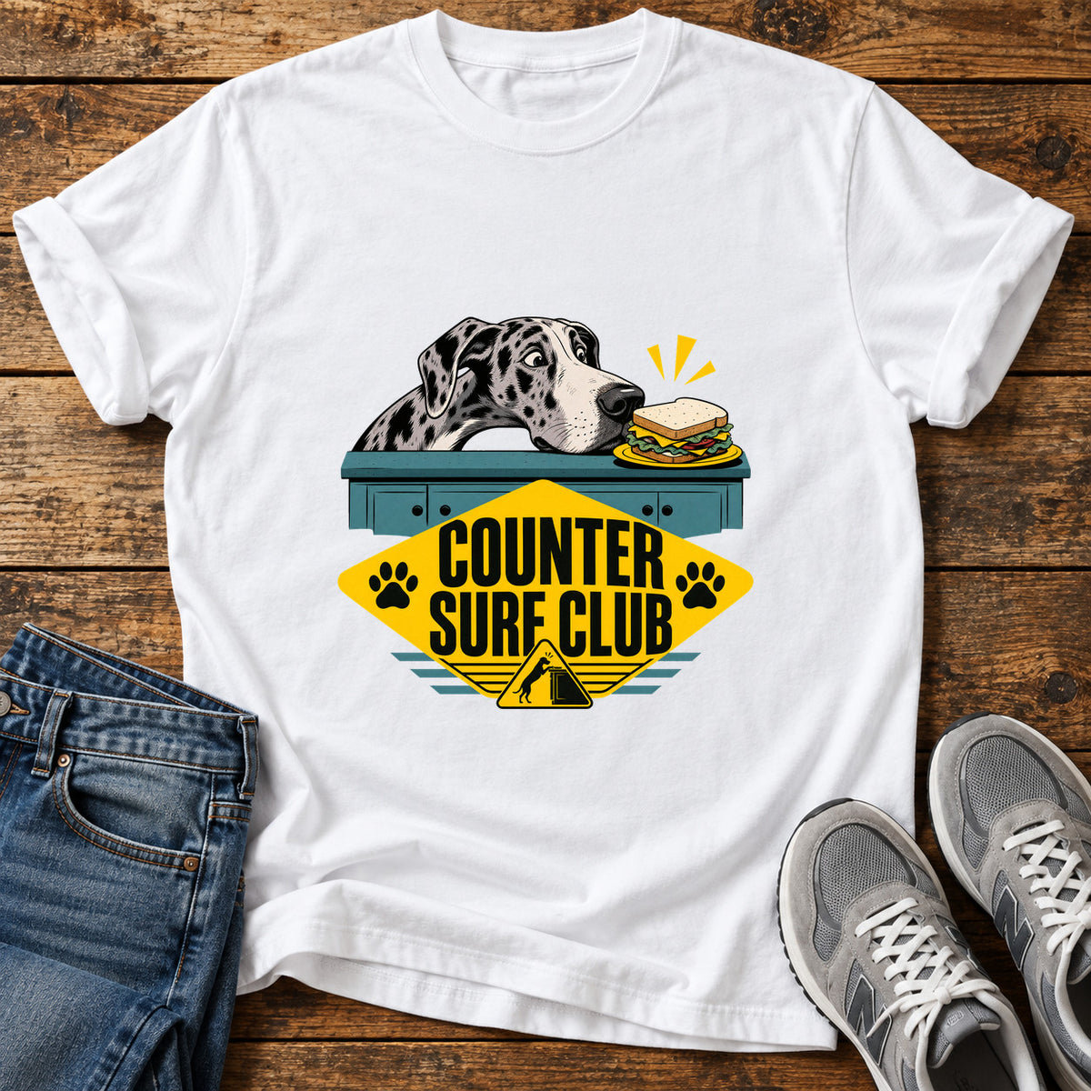 Counter Surf Club Great Dane graphic T-shirt in White, shown on a flat-lay shirt mockup