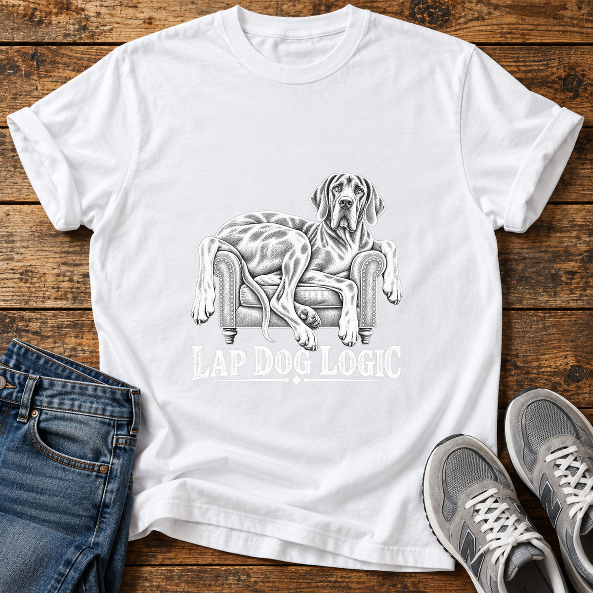 Lap Dog Logic Great Dane graphic T-shirt in White, shown on a flat-lay shirt mockup