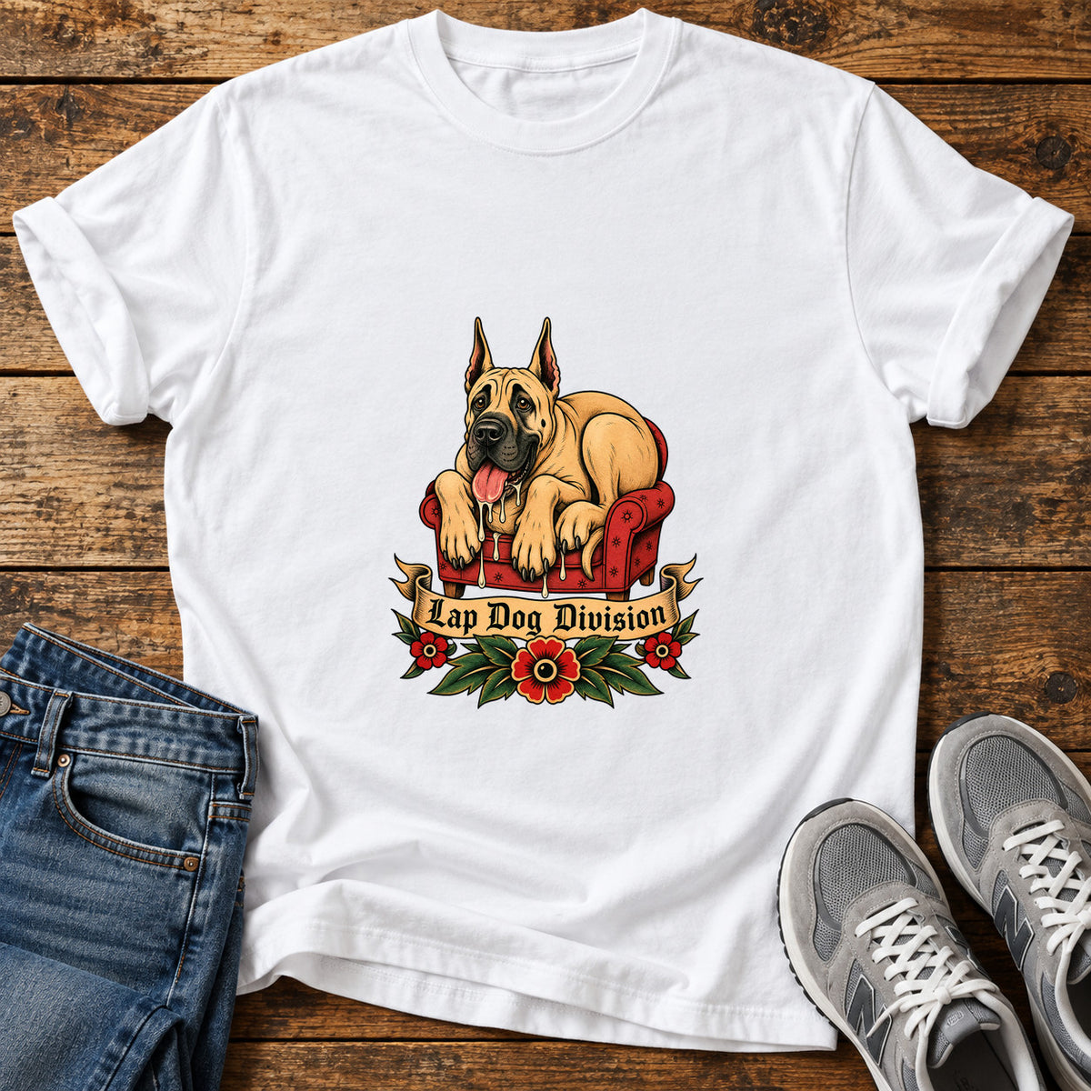 Lap Dog Division Great Dane graphic T-shirt in White, shown on a flat-lay shirt mockup