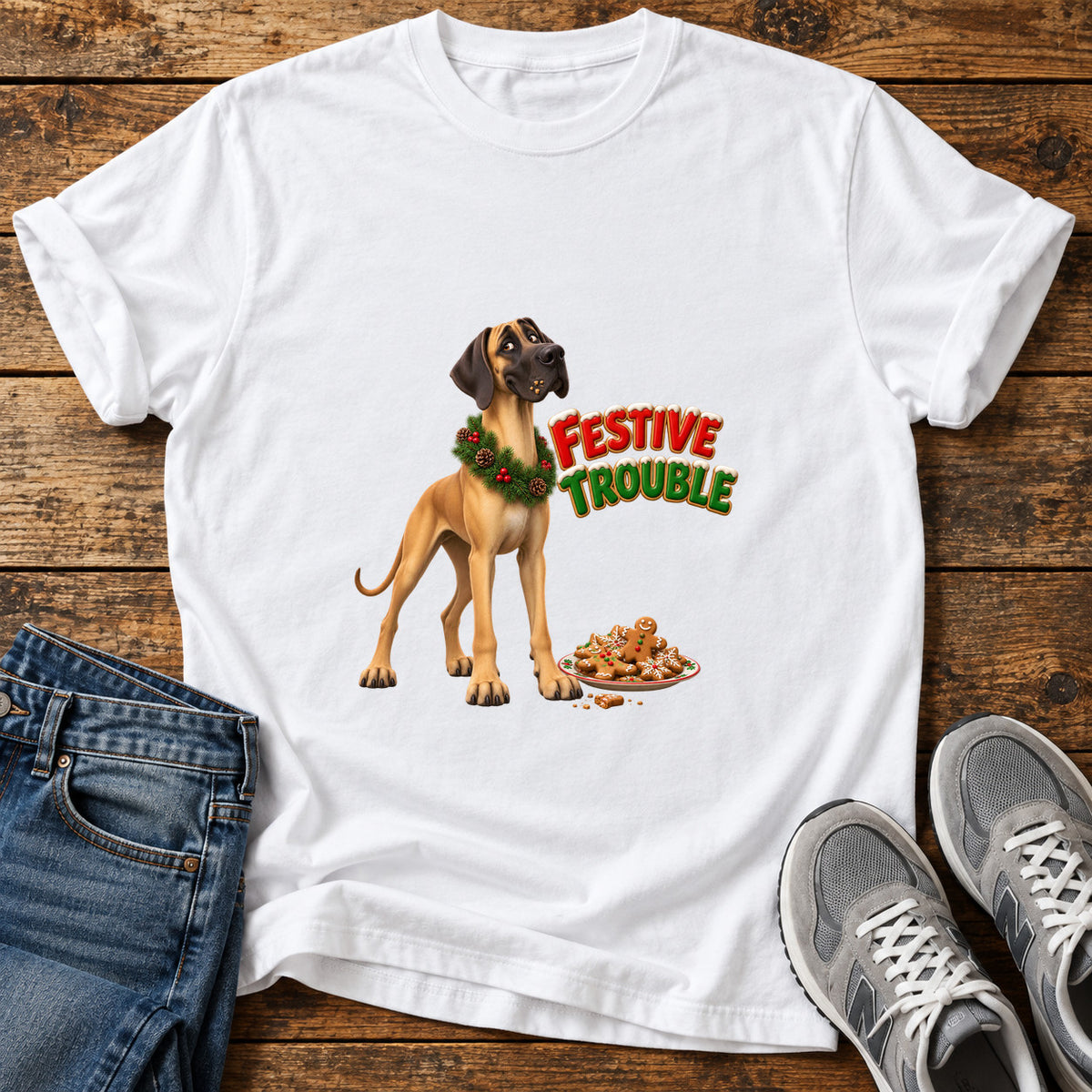 Festive Trouble Great Dane graphic T-shirt in White, shown on a flat-lay shirt mockup
