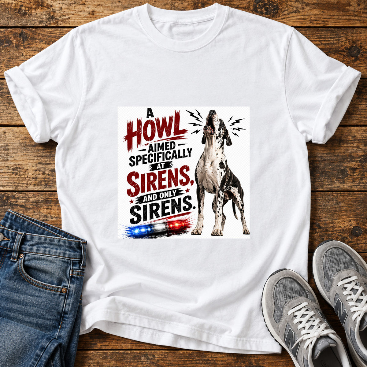 Howl Siren Dog Great Dane graphic T-shirt in White, shown on a flat-lay shirt mockup