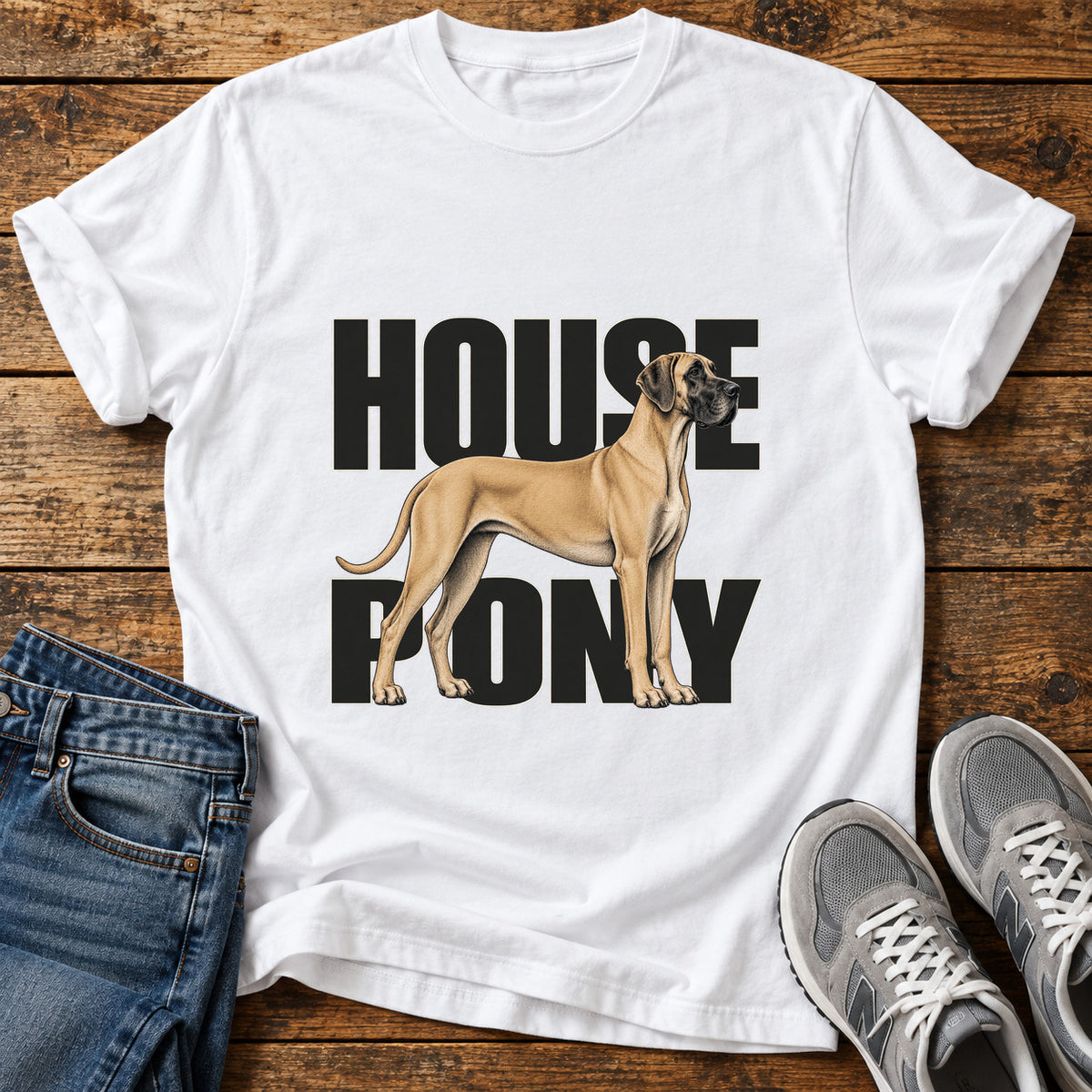 House Pony Great Dane graphic T-shirt in White, shown on a flat-lay shirt mockup