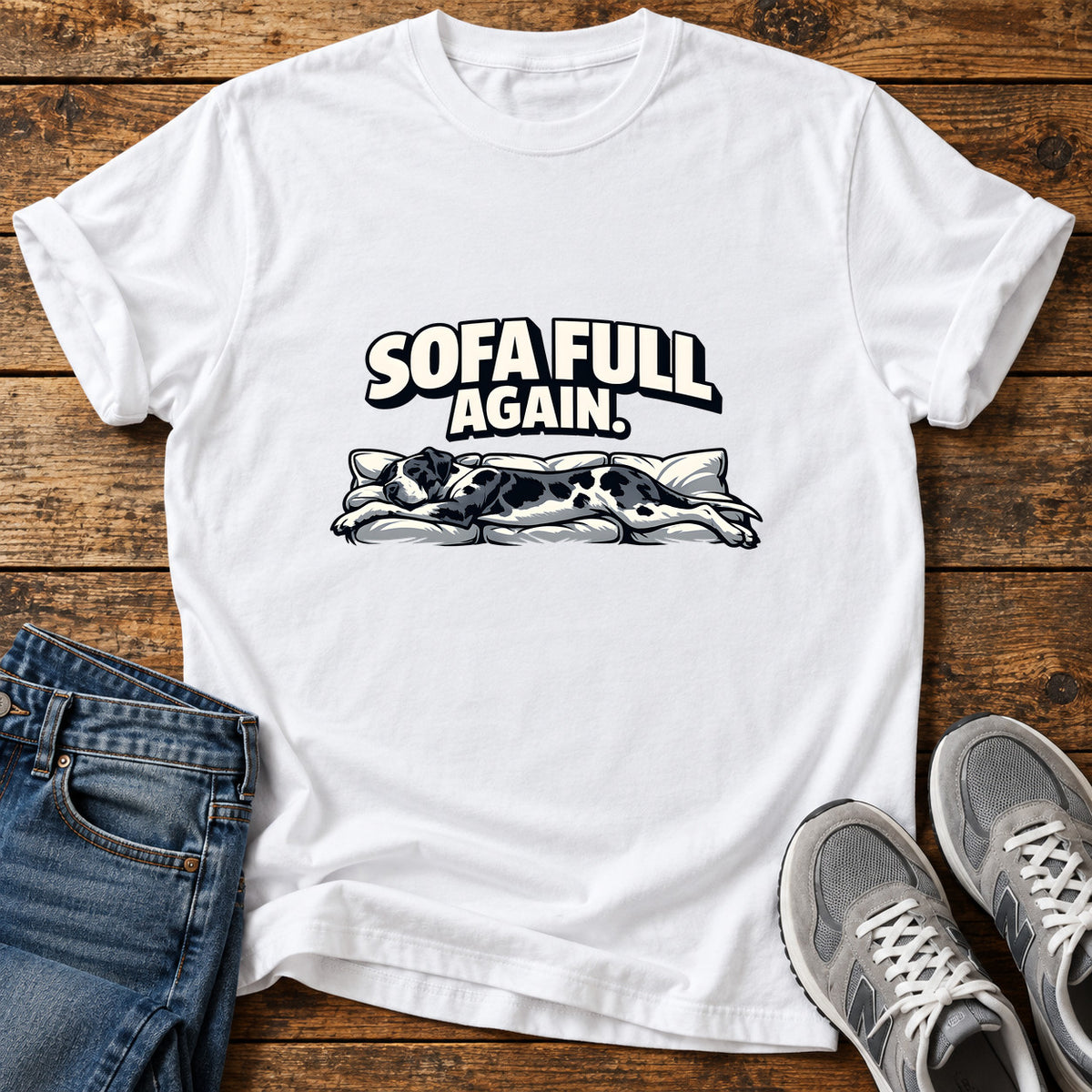 Sofa Full Again Great Dane graphic T-shirt in White, shown on a flat-lay shirt mockup