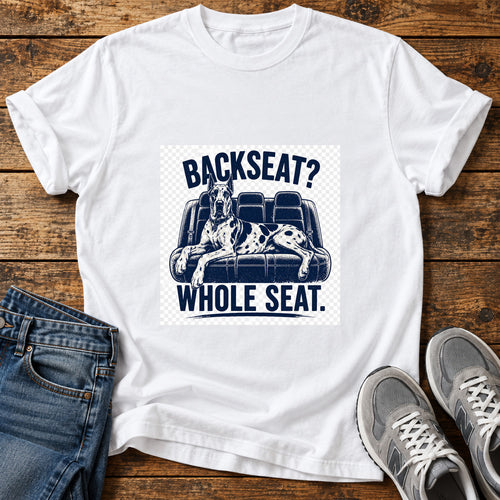 Backseat Whole Seat Great Dane graphic T-shirt in White, shown on a flat-lay shirt mockup