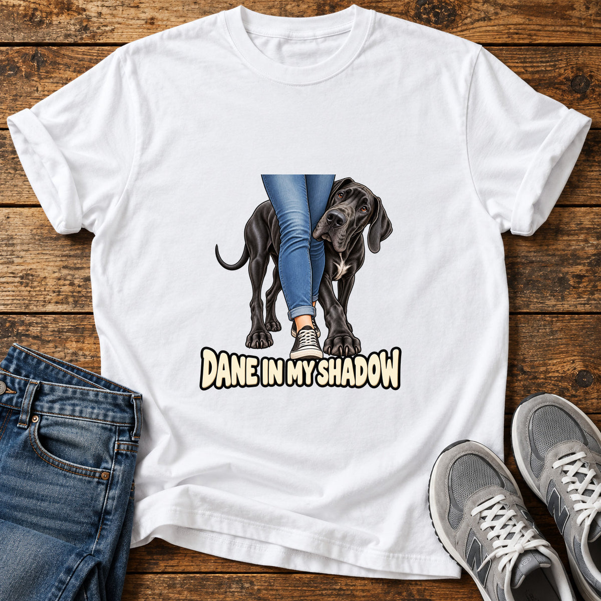 Dane In Shadow Great Dane graphic T-shirt in White, shown on a flat-lay shirt mockup