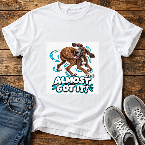 Almost Got It Great Dane graphic T-shirt in White, shown on a flat-lay shirt mockup