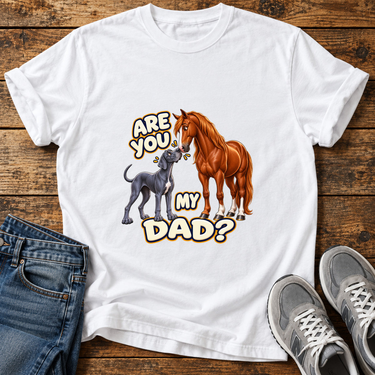 Are You Dad Great Dane graphic T-shirt in White, shown on a flat-lay shirt mockup