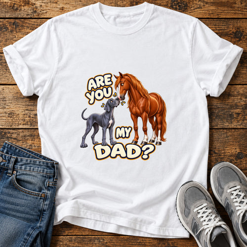 Are You Dad Great Dane graphic T-shirt in White, shown on a flat-lay shirt mockup