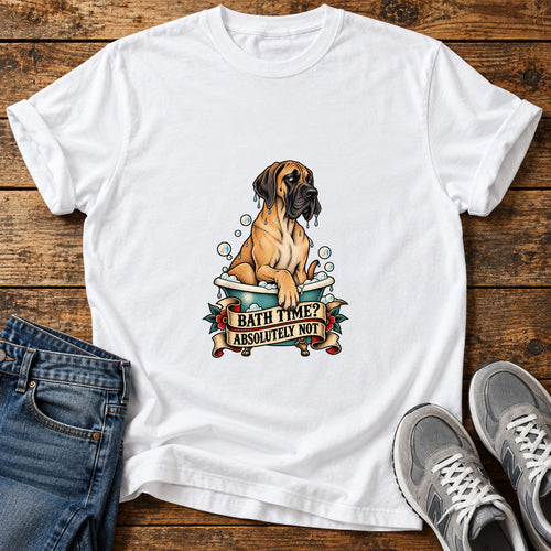 Bath Time Nope Great Dane graphic T-shirt in White, shown on a flat-lay shirt mockup