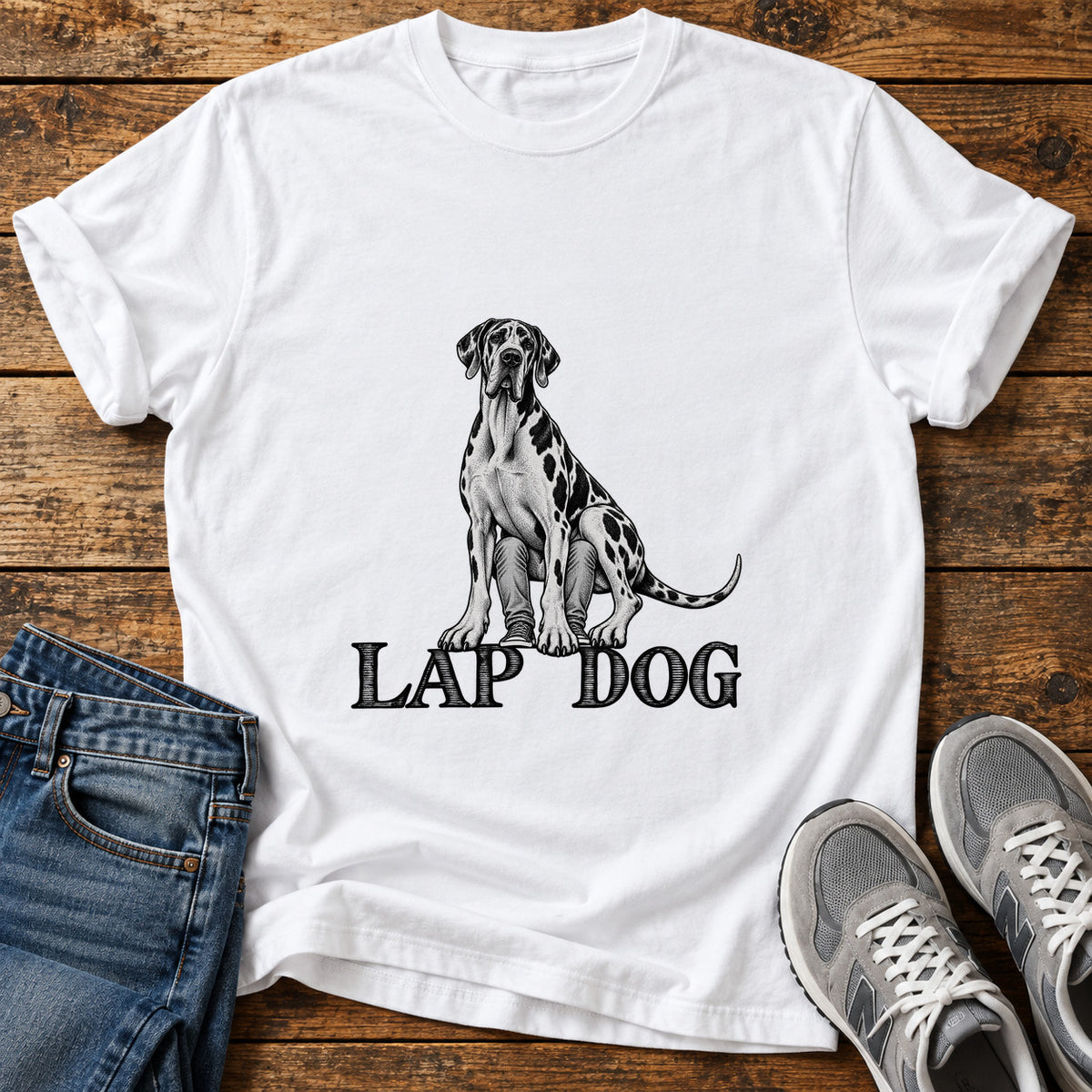 Lap Dog Great Dane graphic T-shirt in White, shown on a flat-lay shirt mockup