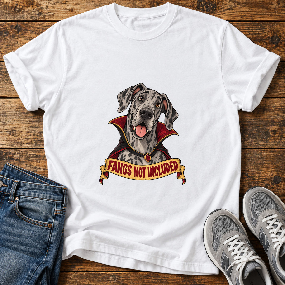 Fangs Not Included Great Dane graphic T-shirt in White, shown on a flat-lay shirt mockup