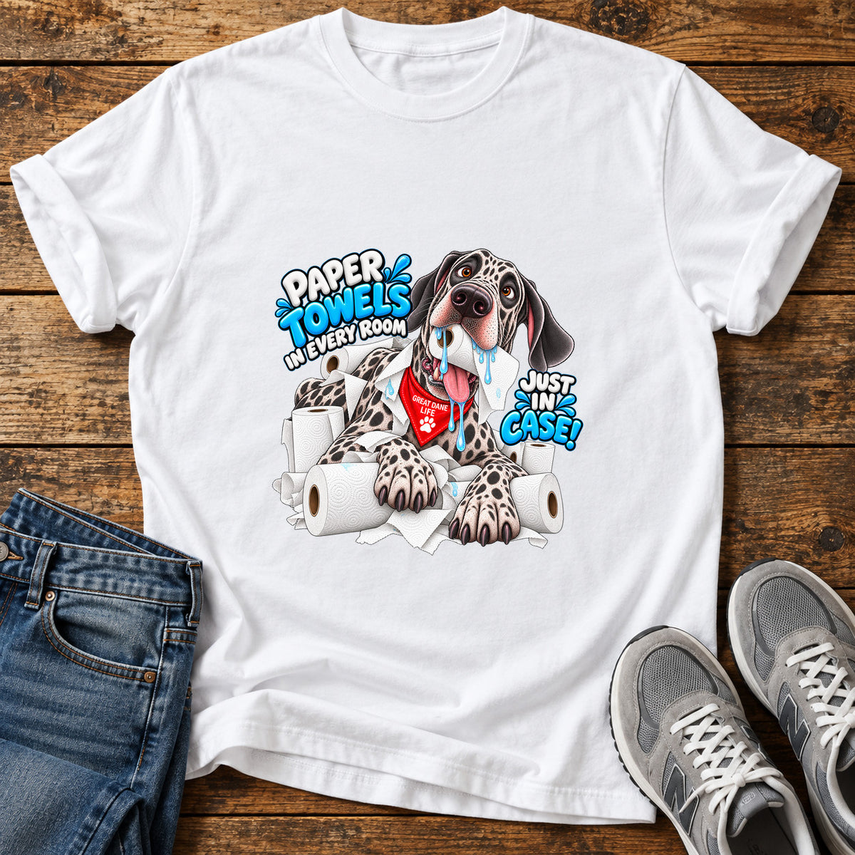 Paper Towels Pooch Great Dane graphic T-shirt in White, shown on a flat-lay shirt mockup