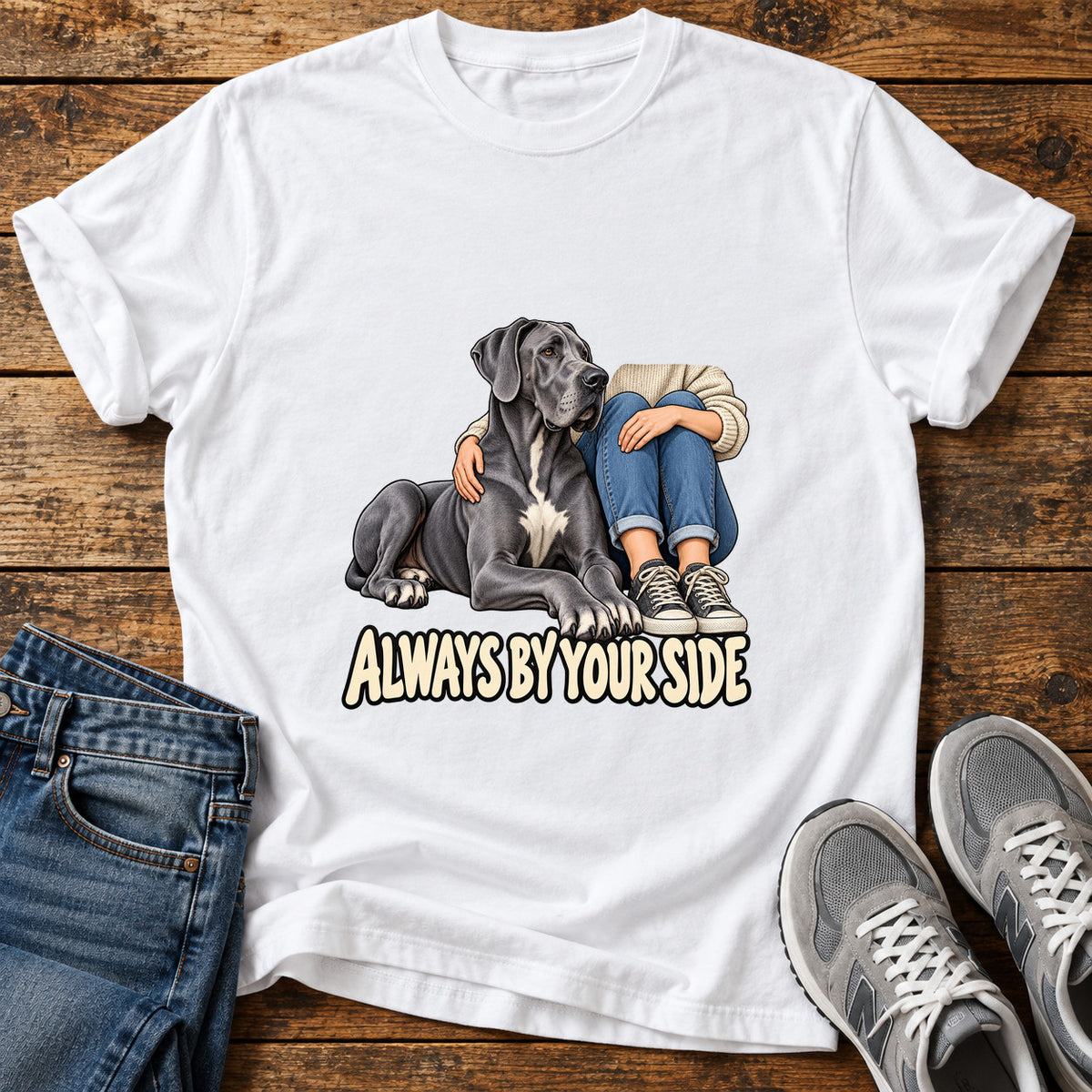 Always By Your Great Dane graphic T-shirt in White, shown on a flat-lay shirt mockup