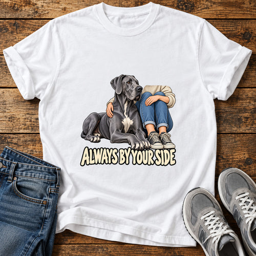 Always By Your Great Dane graphic T-shirt in White, shown on a flat-lay shirt mockup