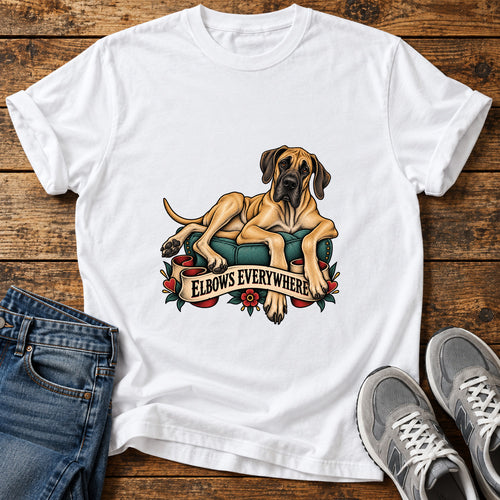 Elbows Everywhere Great Dane graphic T-shirt in White, shown on a flat-lay shirt mockup