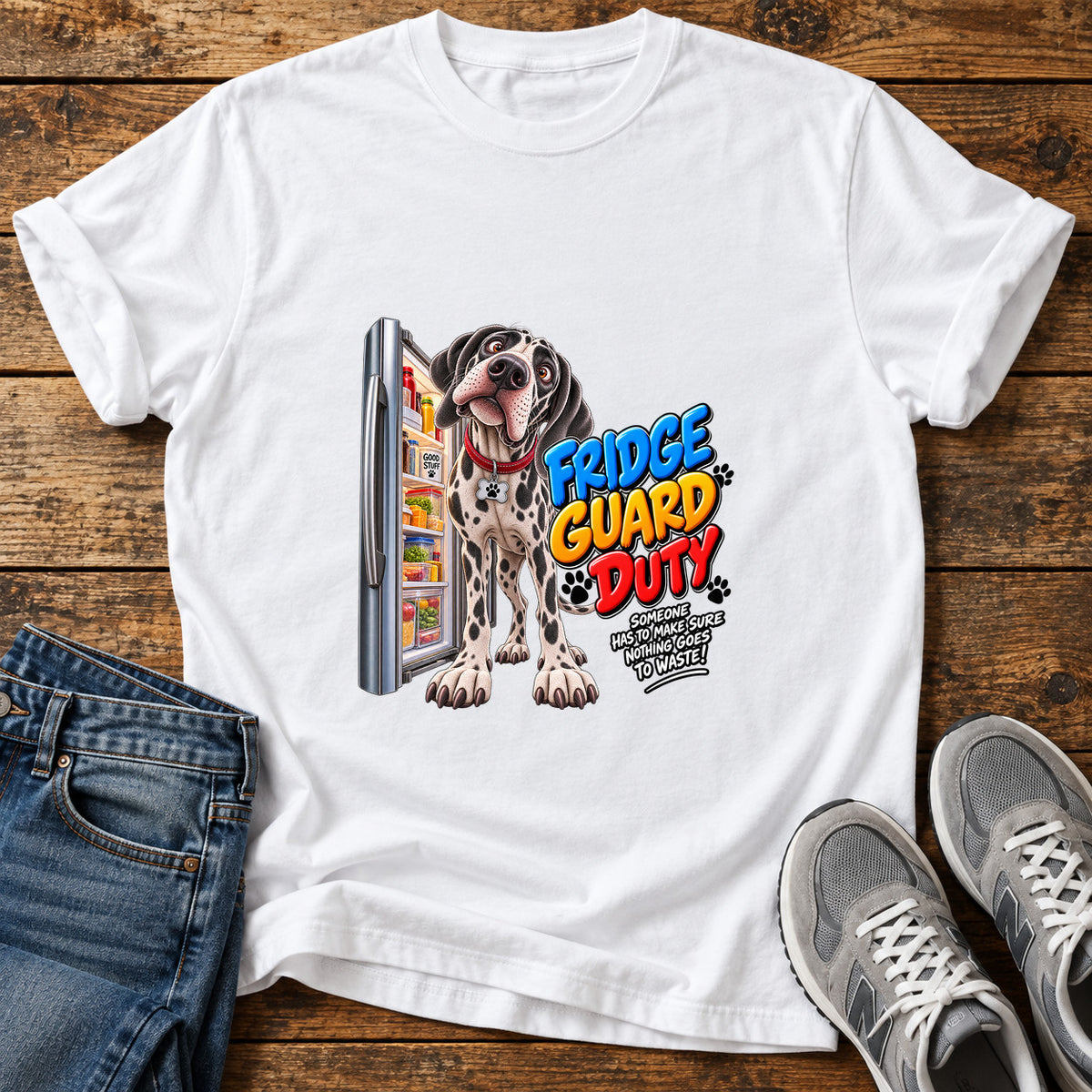 Fridge Guard Duty Great Dane graphic T-shirt in White, shown on a flat-lay shirt mockup