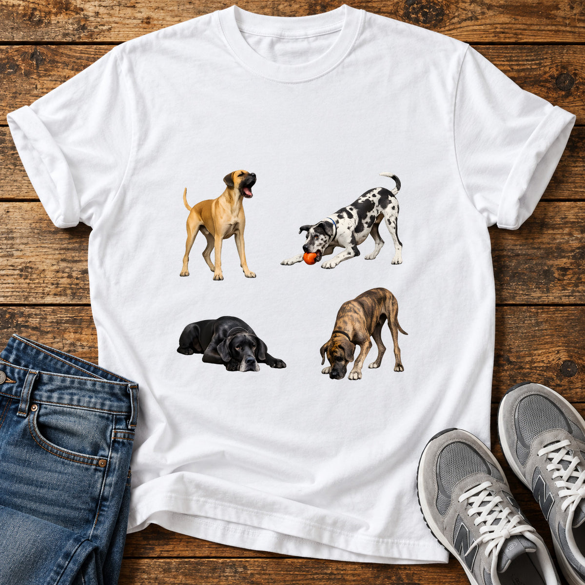 Great Dane Quartet graphic T-shirt in White, shown on a flat-lay shirt mockup