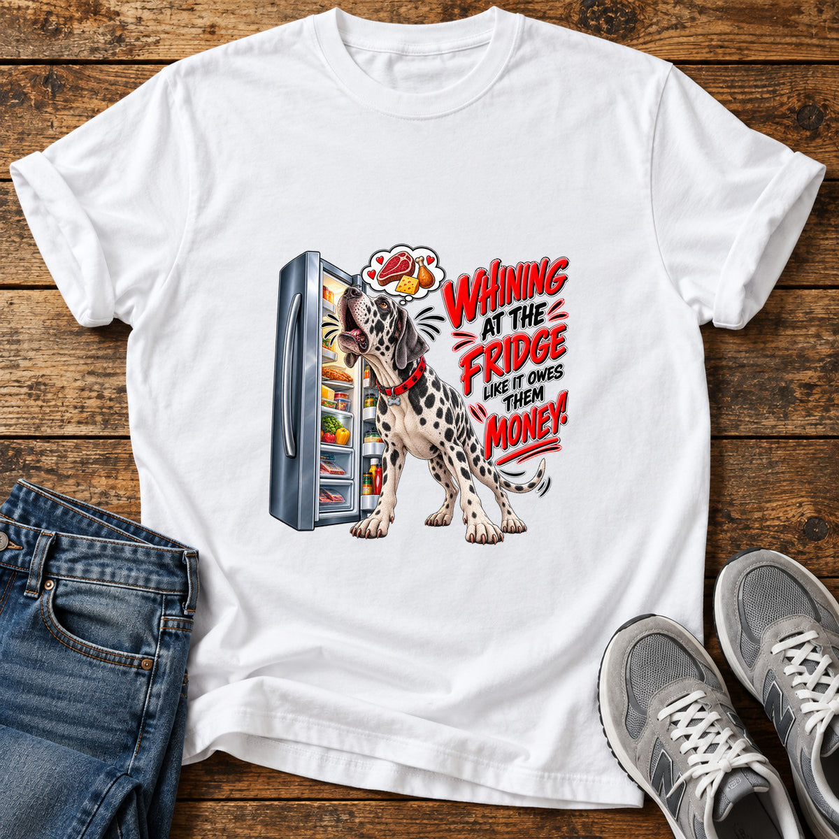 Whining Fridge Dog Great Dane graphic T-shirt in White, shown on a flat-lay shirt mockup