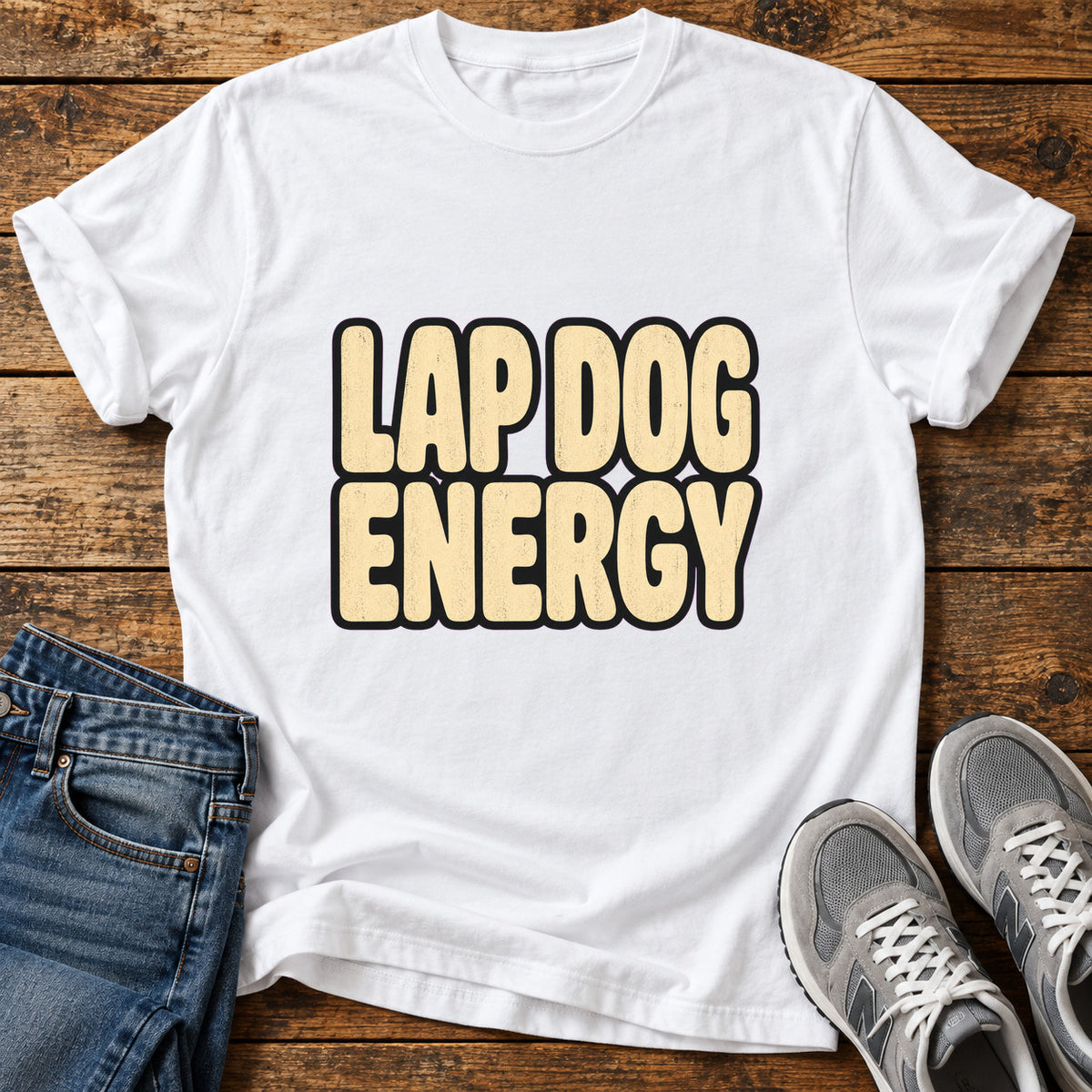 Lap Dog Energy Great Dane graphic T-shirt in White, shown on a flat-lay shirt mockup