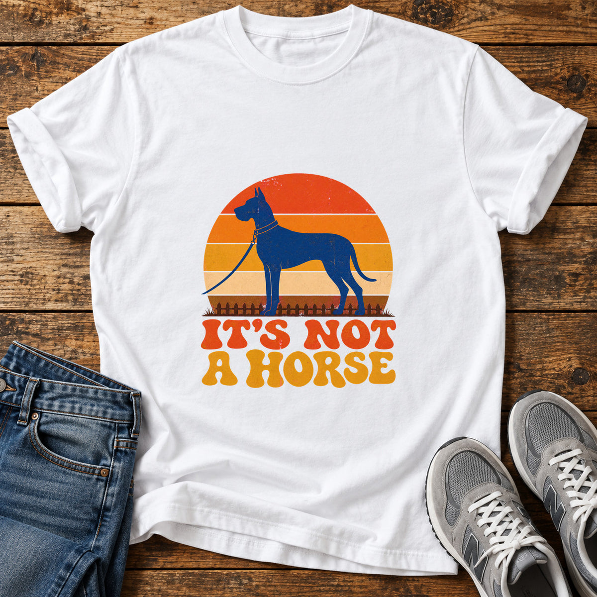 It's Not Horse Great Dane graphic T-shirt in White, shown on a flat-lay shirt mockup