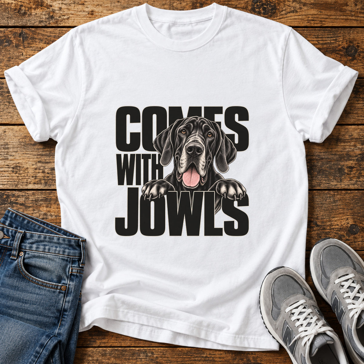 Comes With Jowls Great Dane graphic T-shirt in White, shown on a flat-lay shirt mockup