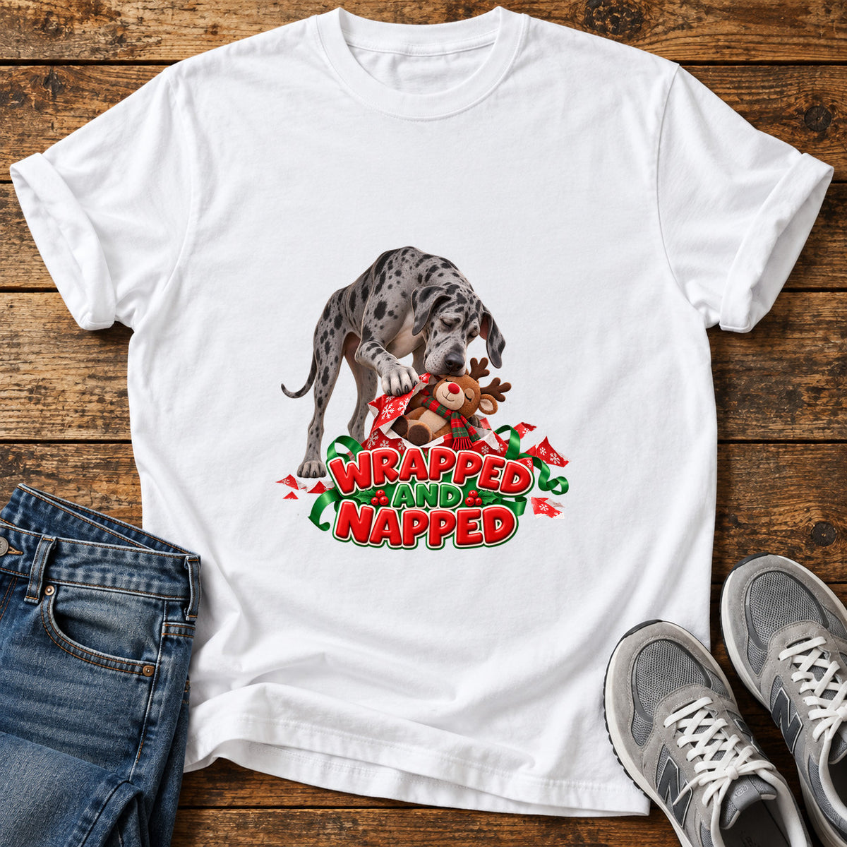Wrapped Napped Great Dane graphic T-shirt in White, shown on a flat-lay shirt mockup