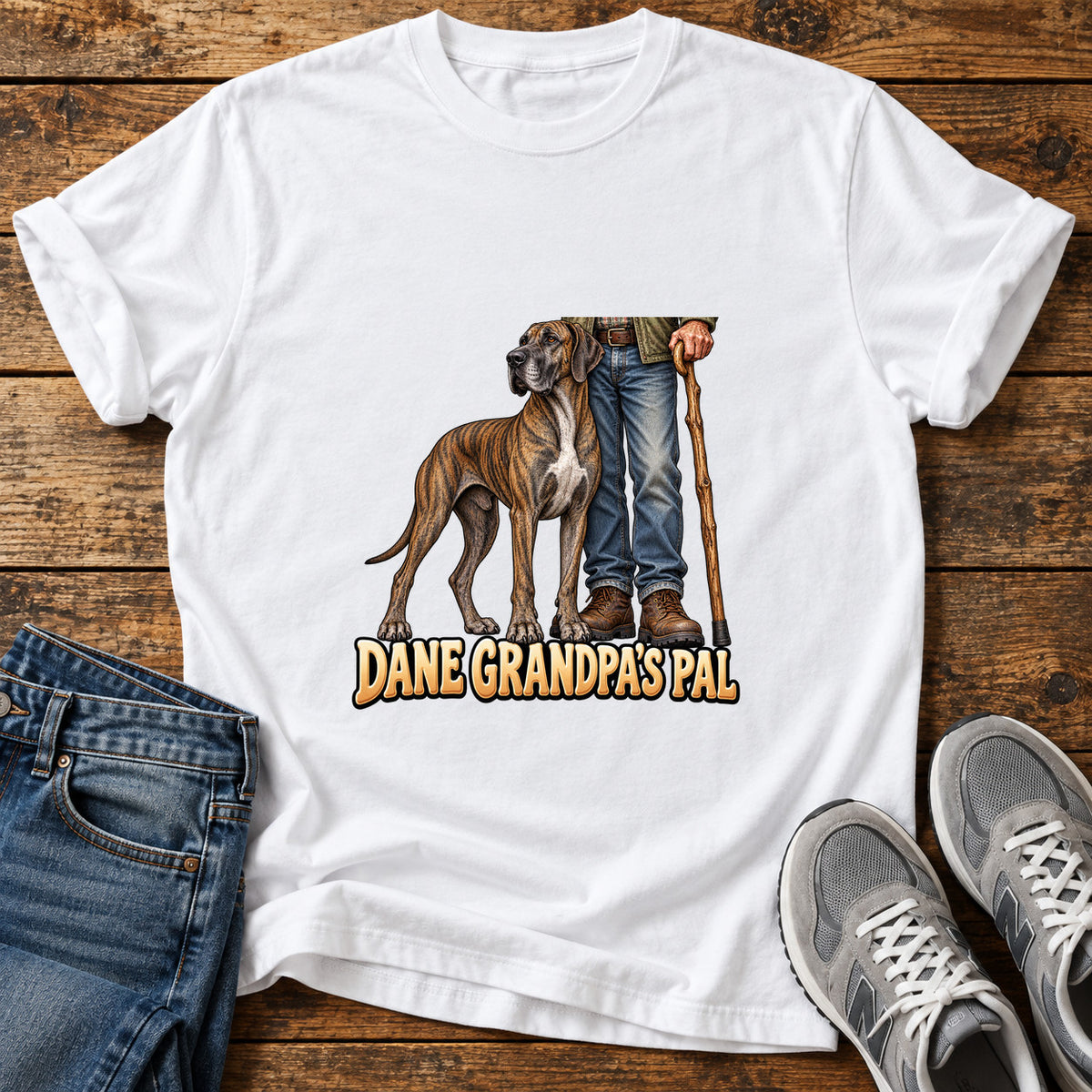 Dane Grandpa's Pal Great Dane graphic T-shirt in White, shown on a flat-lay shirt mockup