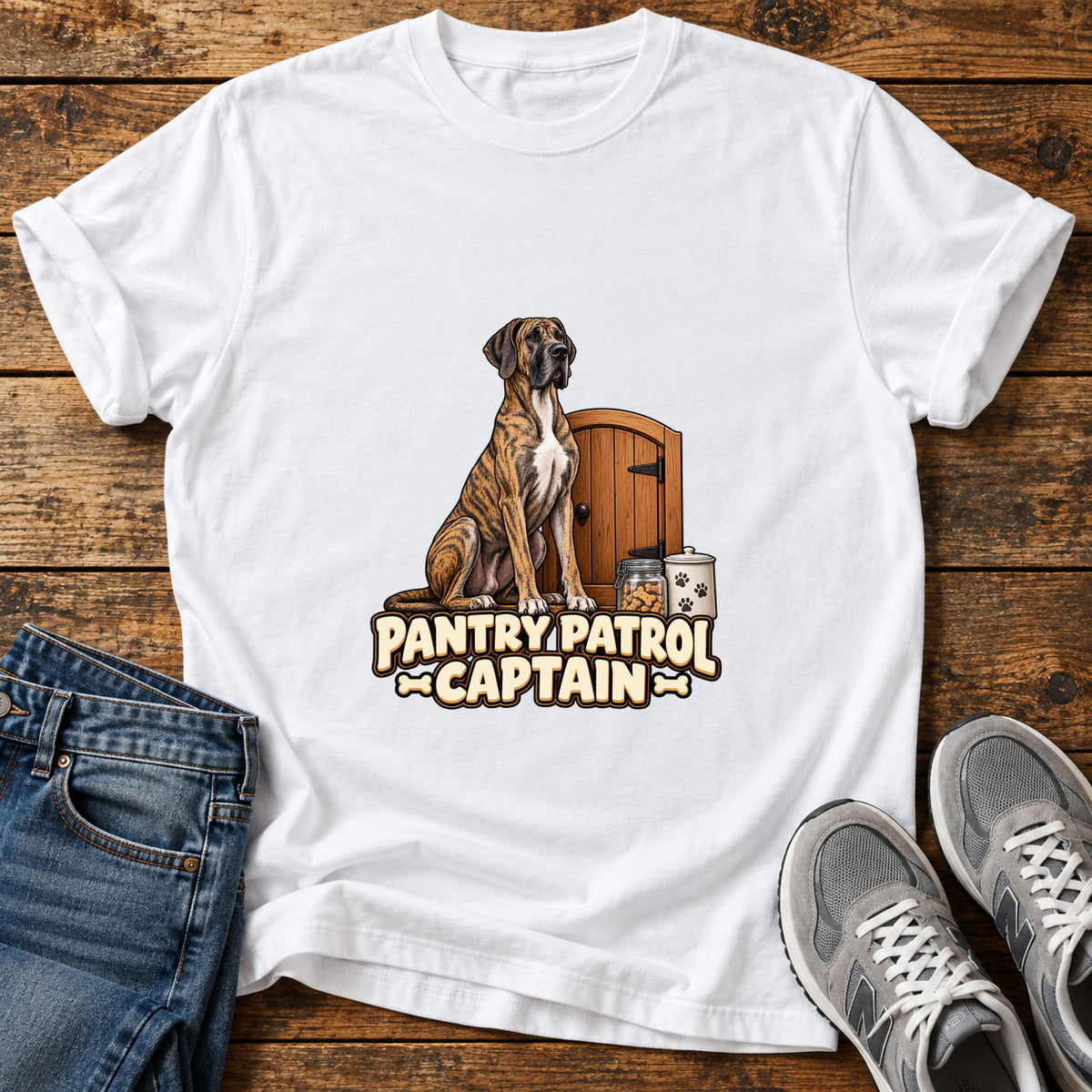 Pantry Patrol Captain Great Dane graphic T-shirt in White, shown on a flat-lay shirt mockup