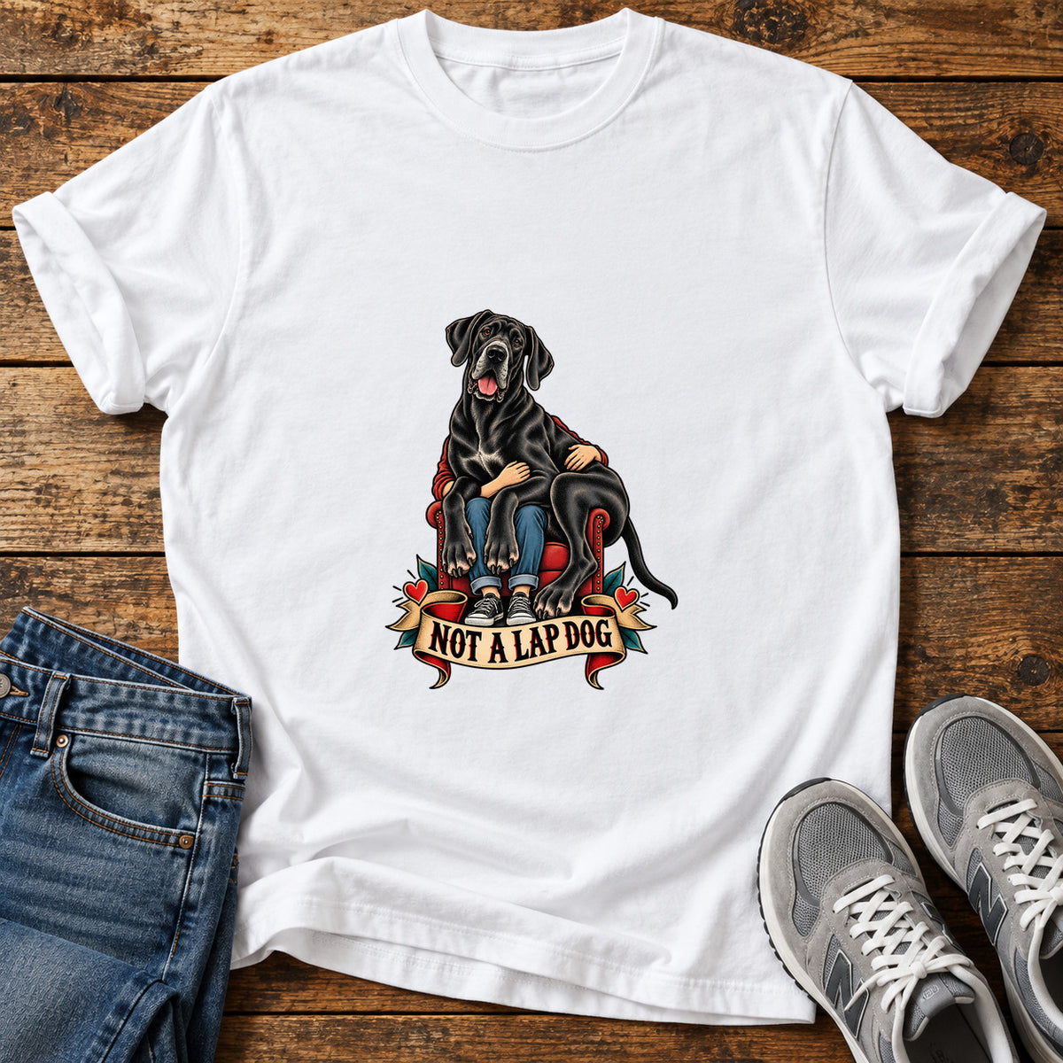 Not A Lapdog Great Dane graphic T-shirt in White, shown on a flat-lay shirt mockup