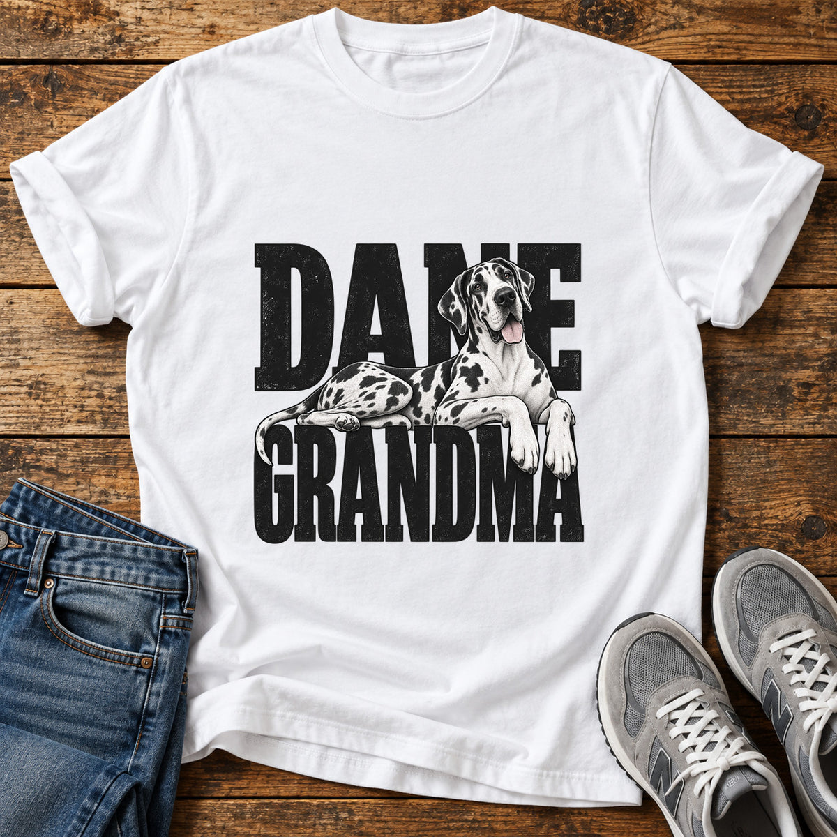 Dane Grandma Great Dane graphic T-shirt in White, shown on a flat-lay shirt mockup