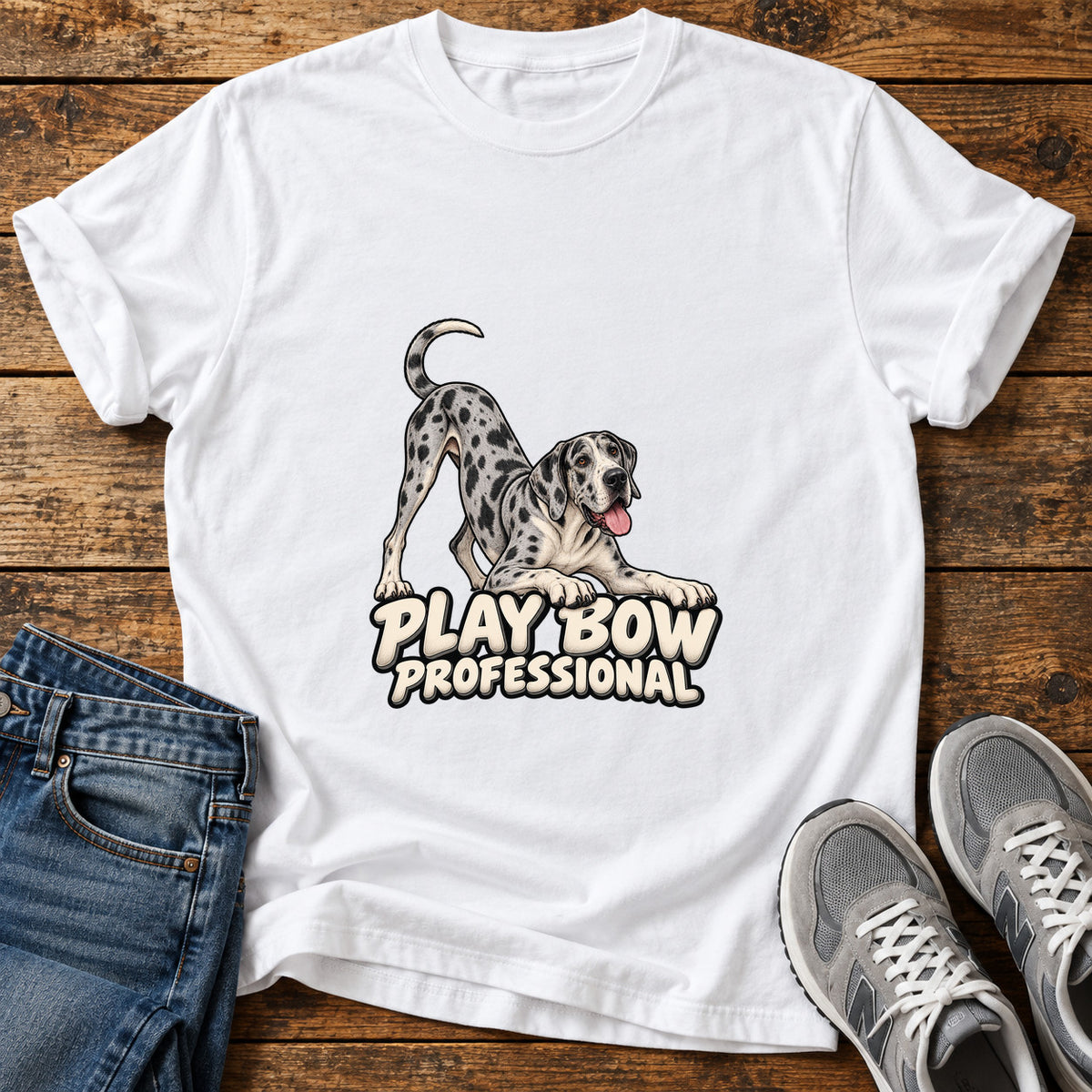 Play Bow Pro Great Dane graphic T-shirt in White, shown on a flat-lay shirt mockup
