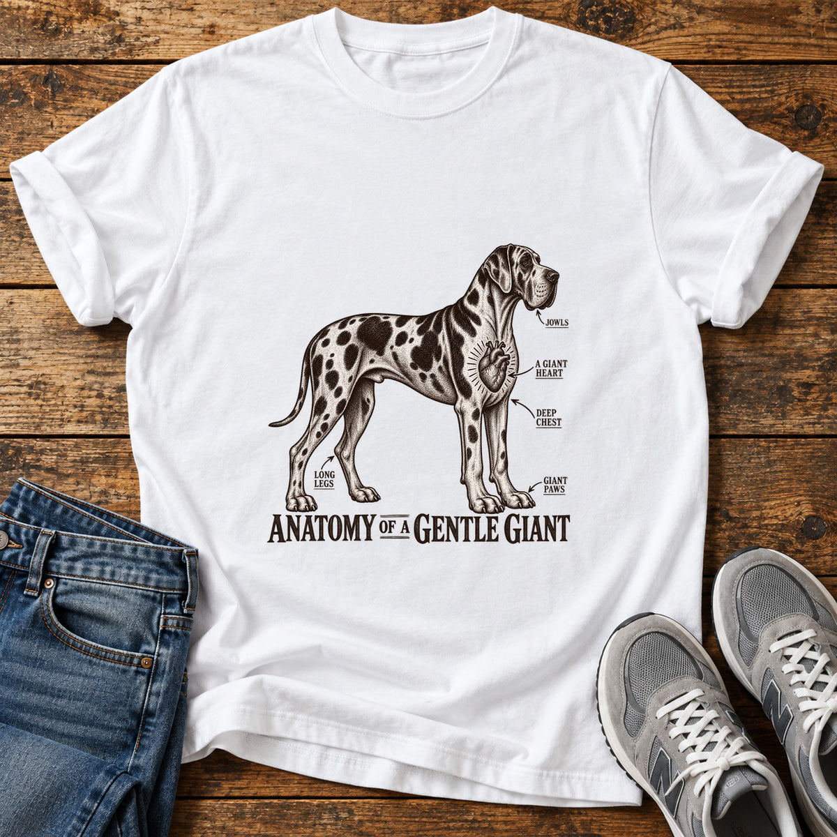 Gentle Giant Anatomy Great Dane graphic T-shirt in White, shown on a flat-lay shirt mockup