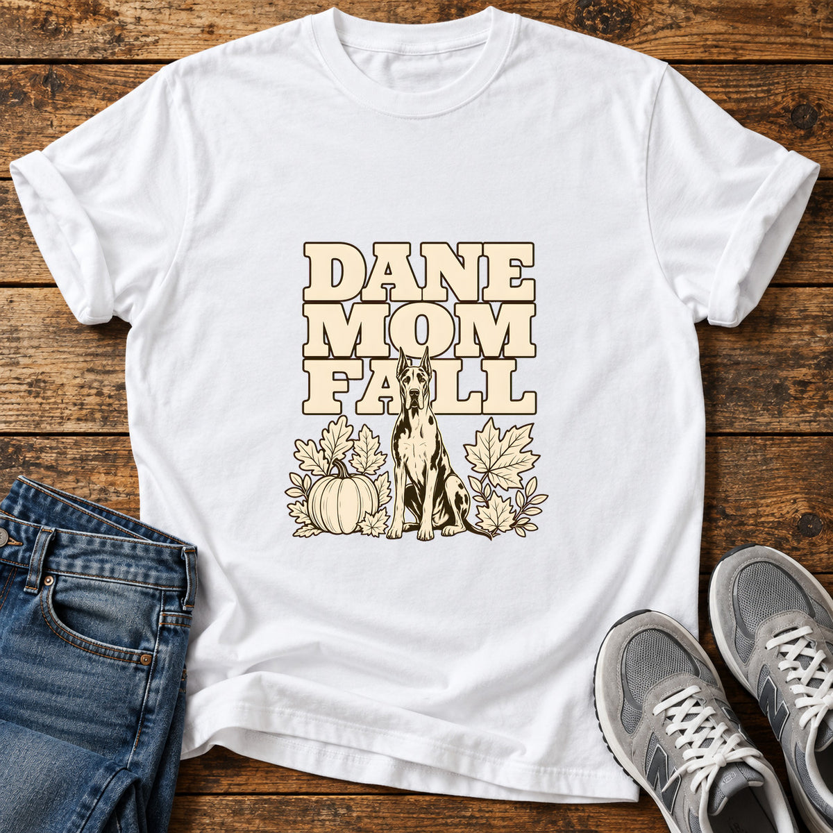 Dane Mom Fall Great Dane graphic T-shirt in White, shown on a flat-lay shirt mockup