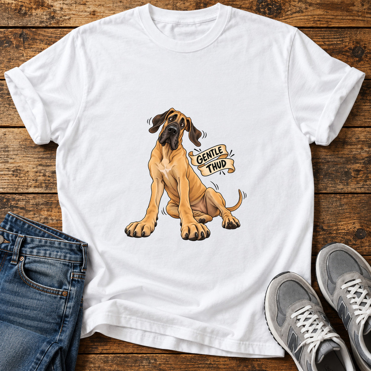 Gentle Thud Great Dane graphic T-shirt in White, shown on a flat-lay shirt mockup