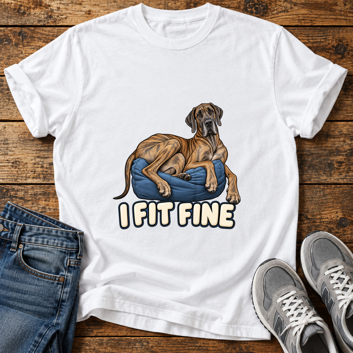I Fit Fine Great Dane graphic T-shirt in White, shown on a flat-lay shirt mockup