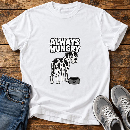 Always Hungry Great Dane graphic T-shirt in White, shown on a flat-lay shirt mockup