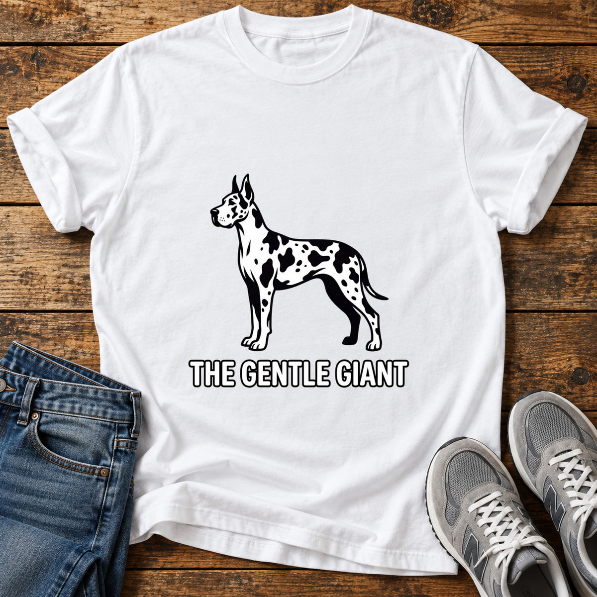 The Gentle Giant Great Dane graphic T-shirt in White, shown on a flat-lay shirt mockup